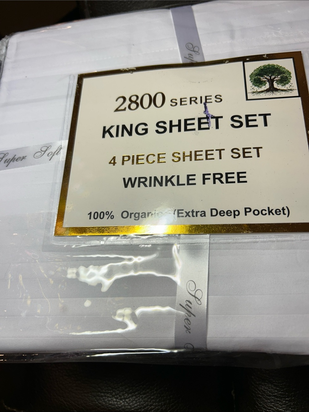 2800 Series King  Organic Sheet Set - Tone on Tone Stripe White Wrinkle Free NEW